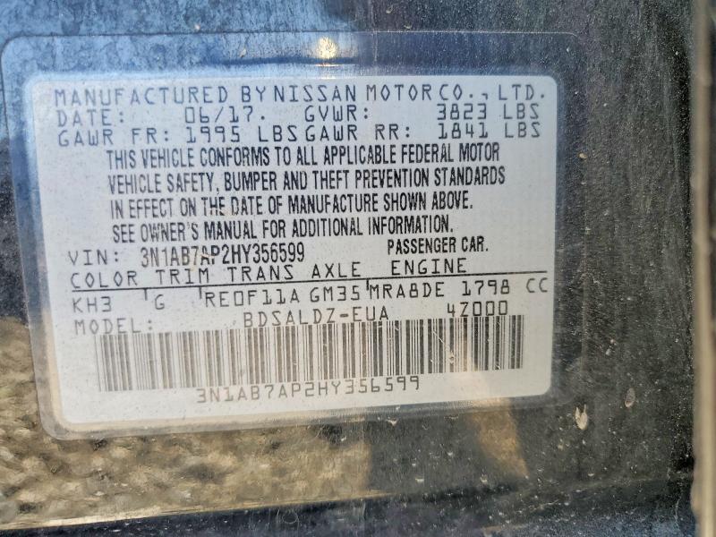 2017 Nissan Sentra მანქანა იყიდება აუქციონზე, vin: 3N1AB7AP2HY356599, აუქციონის ნომერი: 59174896