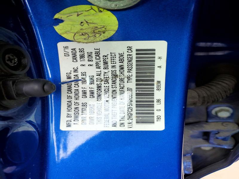 Продаж на аукціоні авто 2016 Honda Civic, vin: 2HGFC2F57GH559987, номер лоту: 55740896