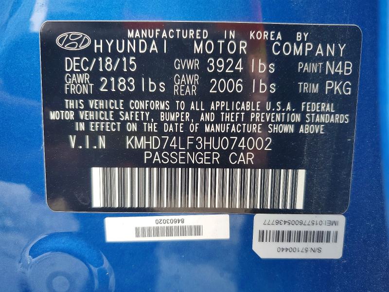2017 Hyundai Elantra მანქანა იყიდება აუქციონზე, vin: KMHD74LF3HU074002, აუქციონის ნომერი: 56096896