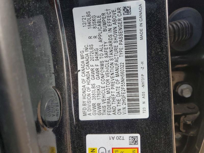 Aukcja sprzedaży 2022 Honda Civic, vin: 2HGFE2F55NH560322, numer aukcji: 57183566