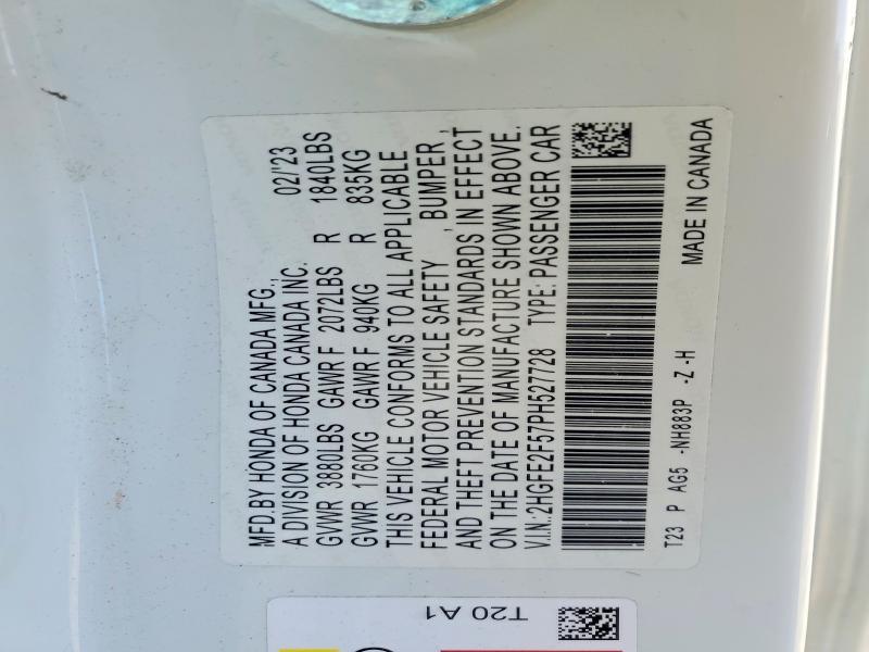 55202446 :رقم المزاد ، 2HGFE2F57PH527728 vin ، 2023 Honda Civic مزاد بيع