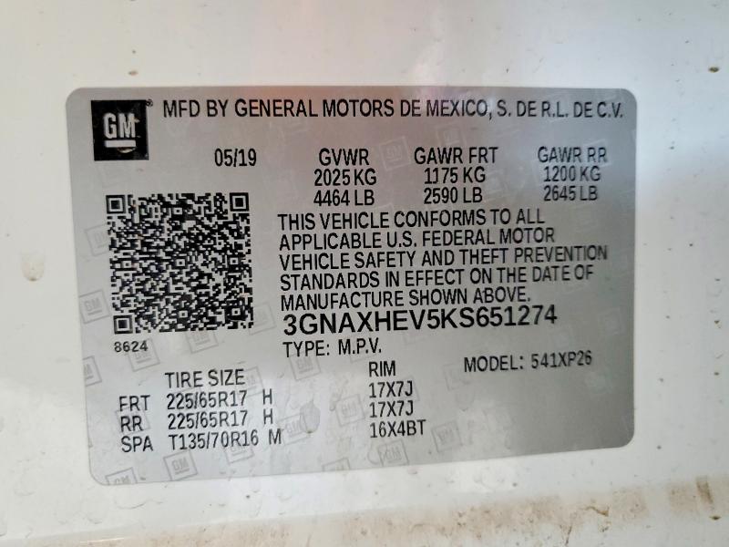 Aukcja sprzedaży 2019 Chevrolet Equinox, vin: 3GNAXHEV5KS651274, numer aukcji: 56517786