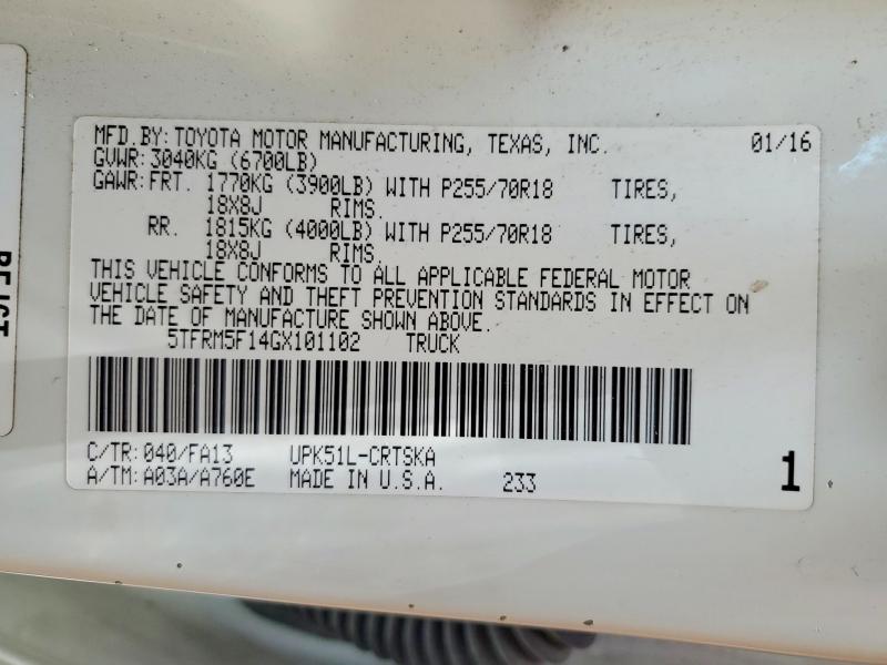 Aukcja sprzedaży 2016 Toyota Tundra, vin: 5TFRM5F14GX101102, numer aukcji: 56859176