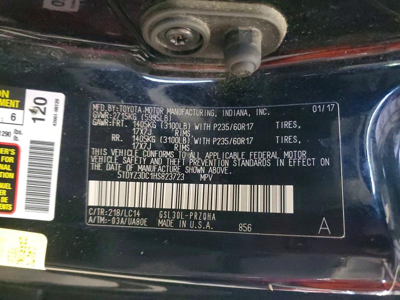 58943236 :رقم المزاد ، 5TDYZ3DC1HS823723 vin ، 2017 Toyota Sienna مزاد بيع