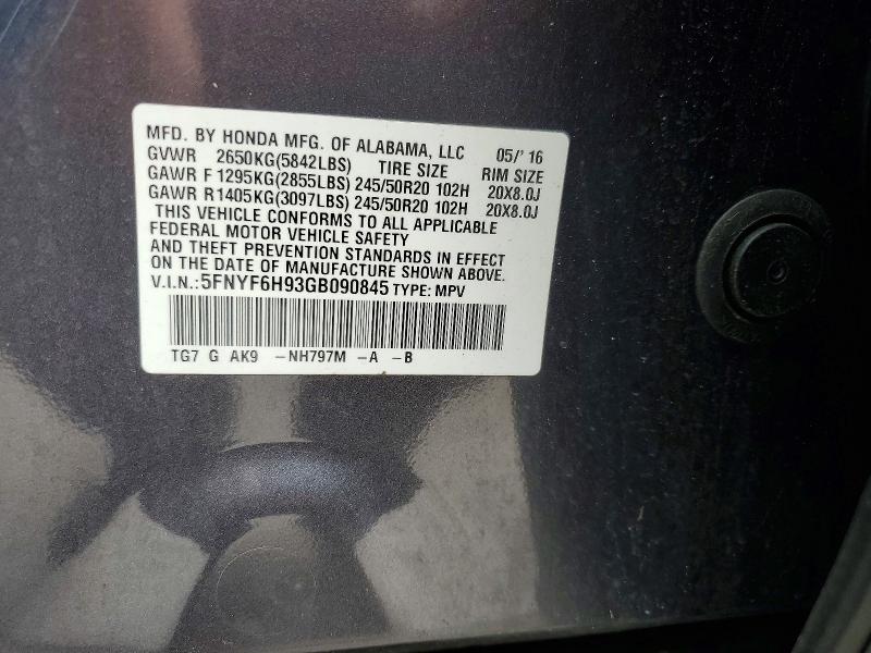 58048606 :رقم المزاد ، 5FNYF6H93GB090845 vin ، 2016 Honda Pilot مزاد بيع