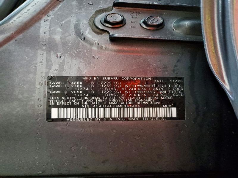 57757056 :رقم المزاد ، 4S4BTACC4M3144484 vin ، 2021 Subaru Outback مزاد بيع