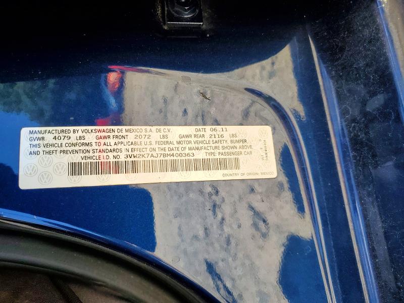 2011 Volkswagen Jetta მანქანა იყიდება აუქციონზე, vin: 3VW2K7AJ7BM400363, აუქციონის ნომერი: 55910556
