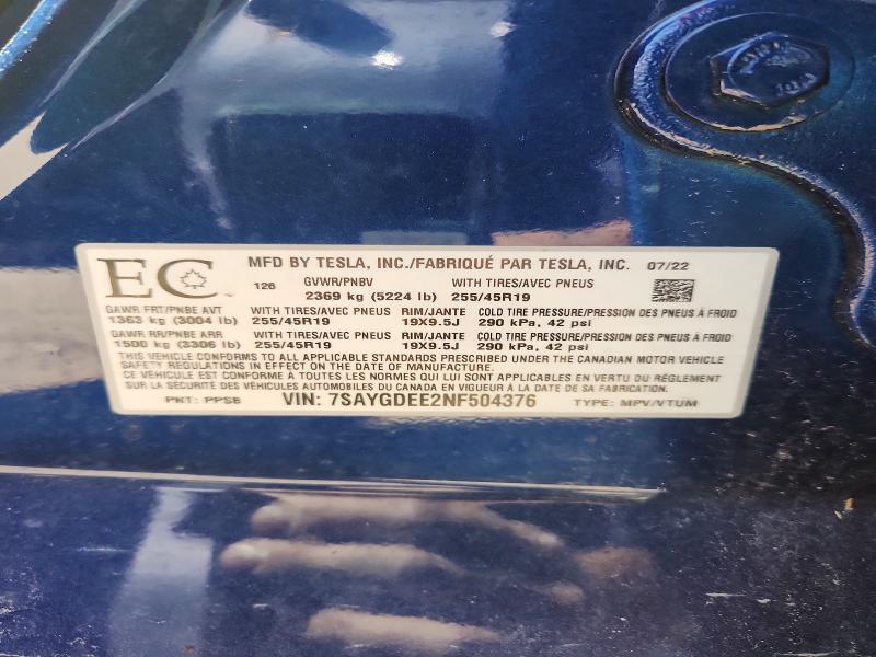 Продажа на аукционе авто 2022 Tesla Mdl Y, vin: 7SAYGDEE2NF504376, номер лота: 53971236