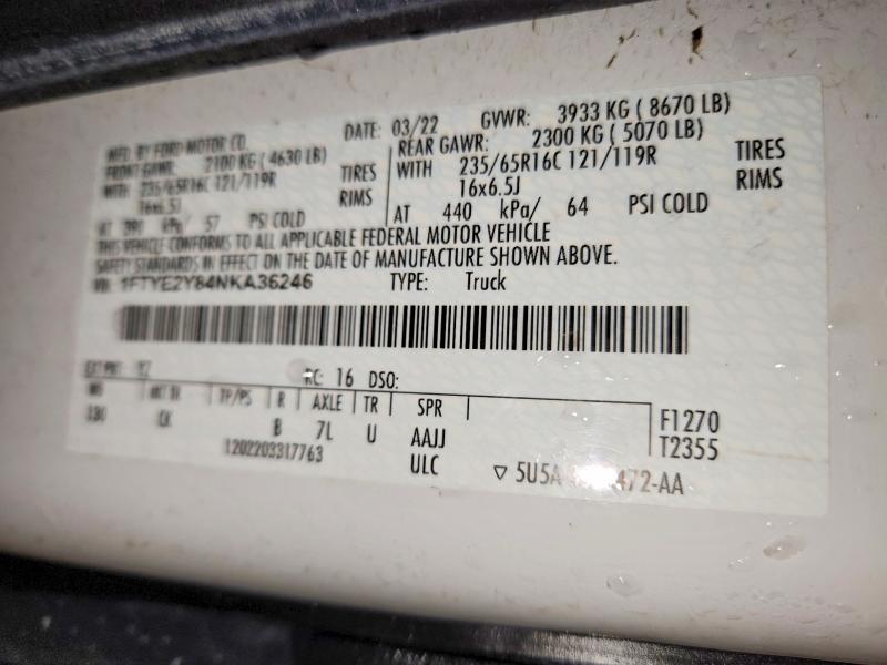 2022 Ford Transit მანქანა იყიდება აუქციონზე, vin: 1FTYE2Y84NKA36246, აუქციონის ნომერი: 57024336