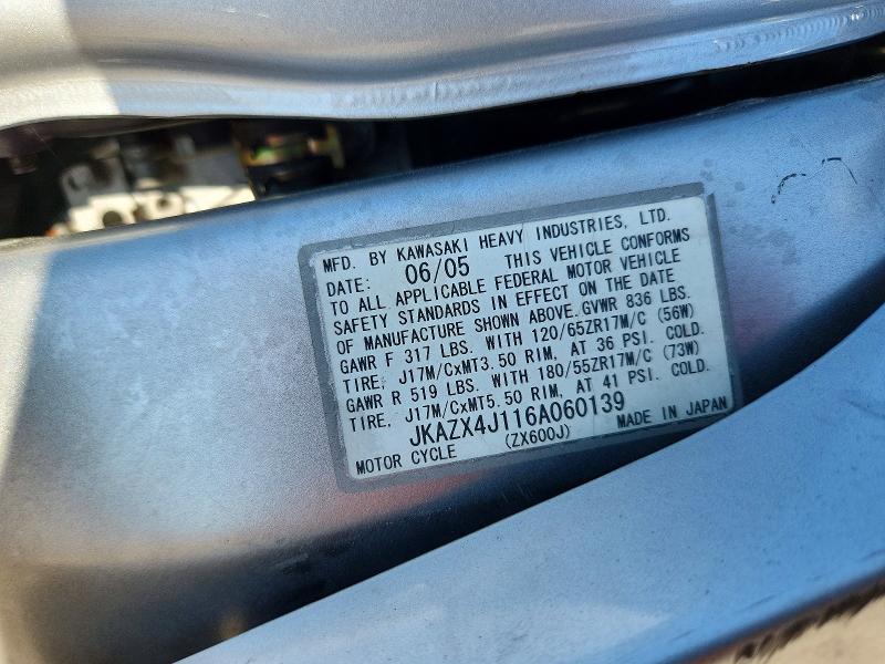 55647286 :رقم المزاد ، JKAZX4J116A060139 vin ، 2006 Kawasaki Zx600 مزاد بيع