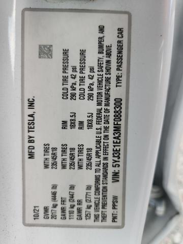 2021 Tesla Model 3 მანქანა იყიდება აუქციონზე, vin: 5YJ3E1EA3MF088300, აუქციონის ნომერი: 56822356