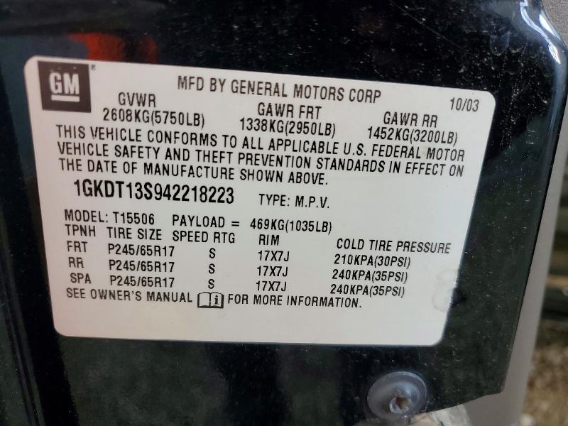 Aukcja sprzedaży 2004 Gmc Envoy, vin: 1GKDT13S942218223, numer aukcji: 56950086