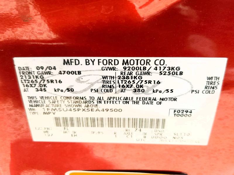 2005 Ford Excursion მანქანა იყიდება აუქციონზე, vin: 1FMSU45PX5EA49500, აუქციონის ნომერი: 55680356