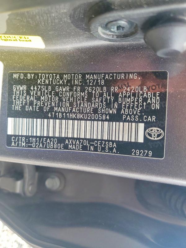Продажа на аукционе авто 2019 Toyota Camry, vin: 4T1B11HK8KU200584, номер лота: 58953866