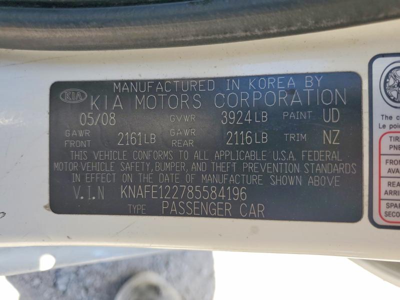 59191086 :رقم المزاد ، KNAFE122785584196 vin ، 2008 Kia Spectra مزاد بيع