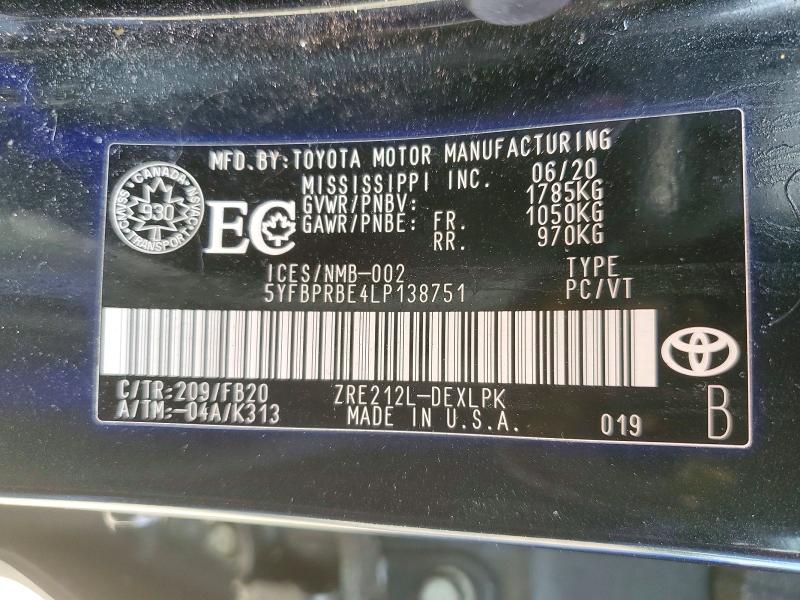 Aukcja sprzedaży 2020 Toyota Corolla, vin: 5YFBPRBE4LP138751, numer aukcji: 57779306