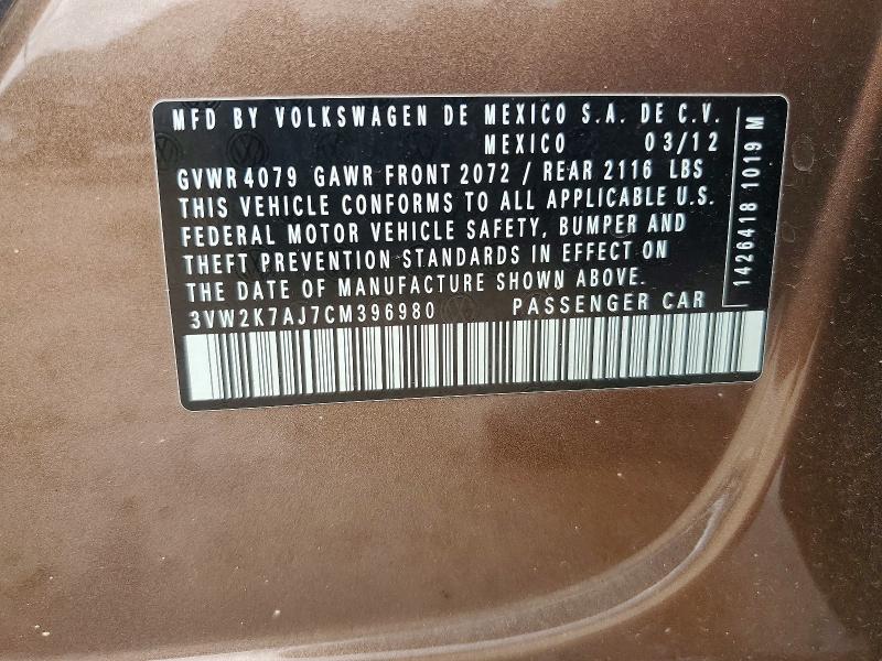 57888936 :رقم المزاد ، 3VW2K7AJ7CM396980 vin ، 2012 Volkswagen Jetta مزاد بيع