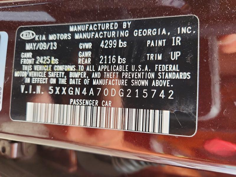2013 Kia Optima მანქანა იყიდება აუქციონზე, vin: 5XXGN4A70DG215742, აუქციონის ნომერი: 58750806