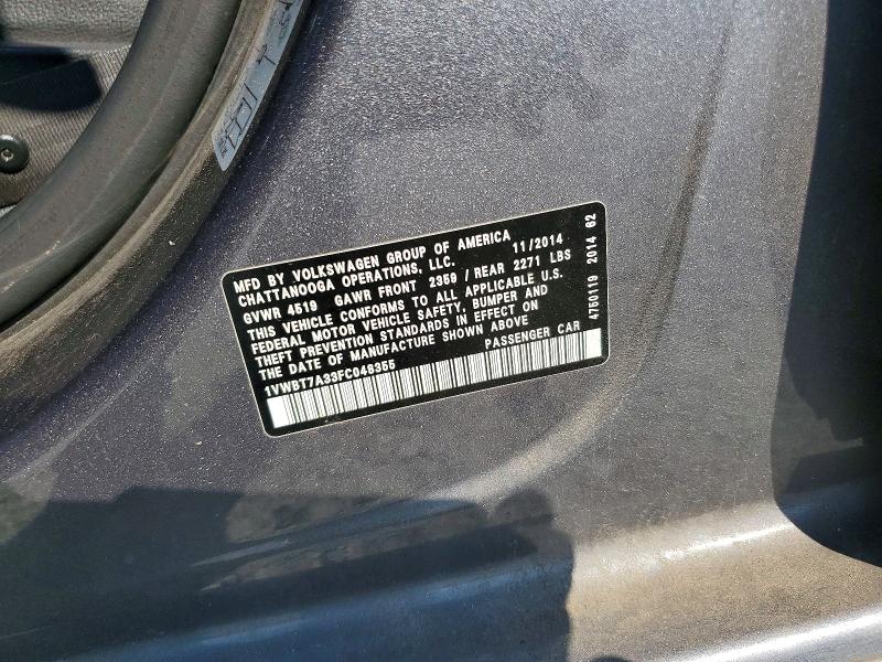 2015 Volkswagen Passat მანქანა იყიდება აუქციონზე, vin: 1VWBT7A33FC048355, აუქციონის ნომერი: 57156166