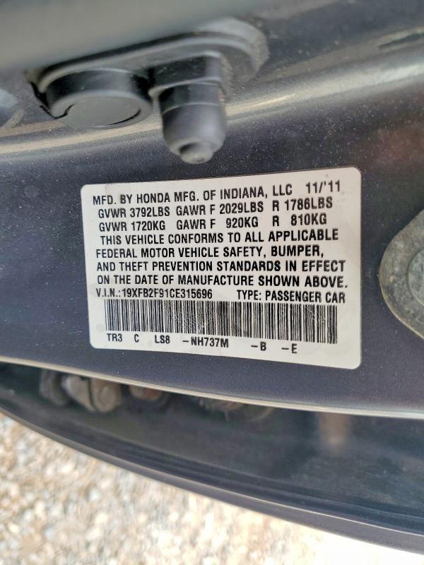 56305546 :رقم المزاد ، 19XFB2F91CE315696 vin ، 2012 Honda Civic مزاد بيع