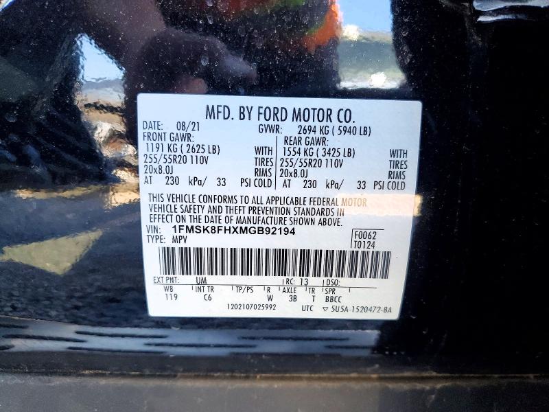 Aukcja sprzedaży 2021 Ford Explorer, vin: 1FMSK8FHXMGB92194, numer aukcji: 56444176