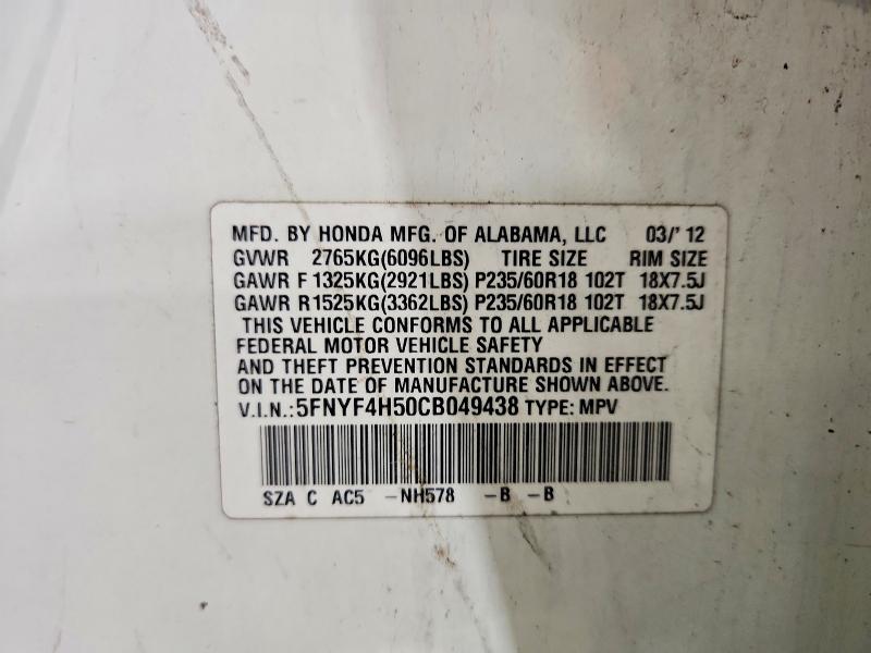 Aukcja sprzedaży 2012 Honda Pilot, vin: 5FNYF4H50CB049438, numer aukcji: 56699716