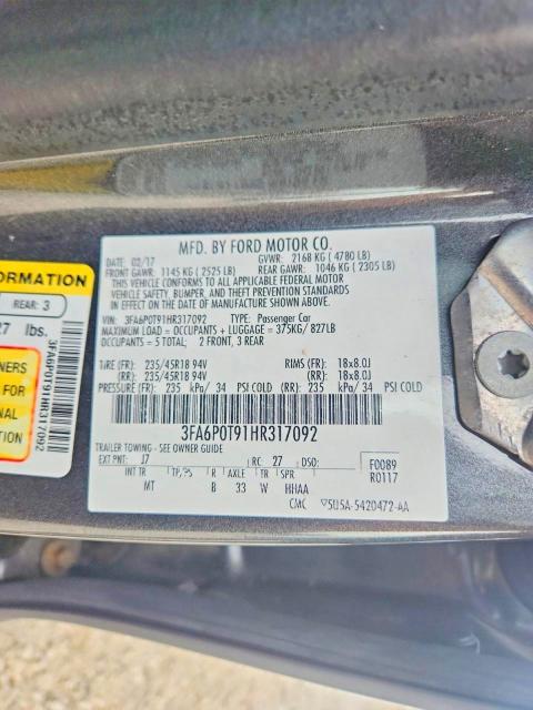Aukcja sprzedaży 2017 Ford Fusion, vin: 3FA6P0T91HR317092, numer aukcji: 57932606
