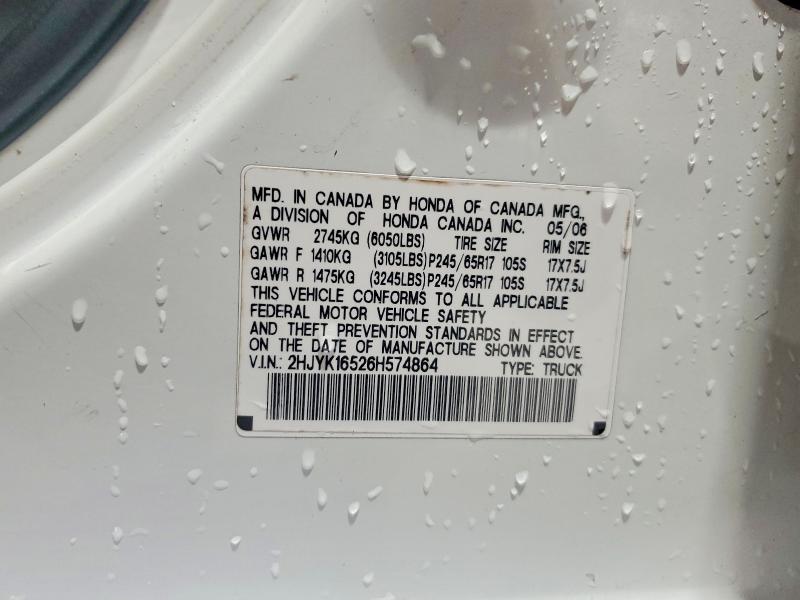 2006 Honda Ridgeline მანქანა იყიდება აუქციონზე, vin: 2HJYK16526H574864, აუქციონის ნომერი: 57046226