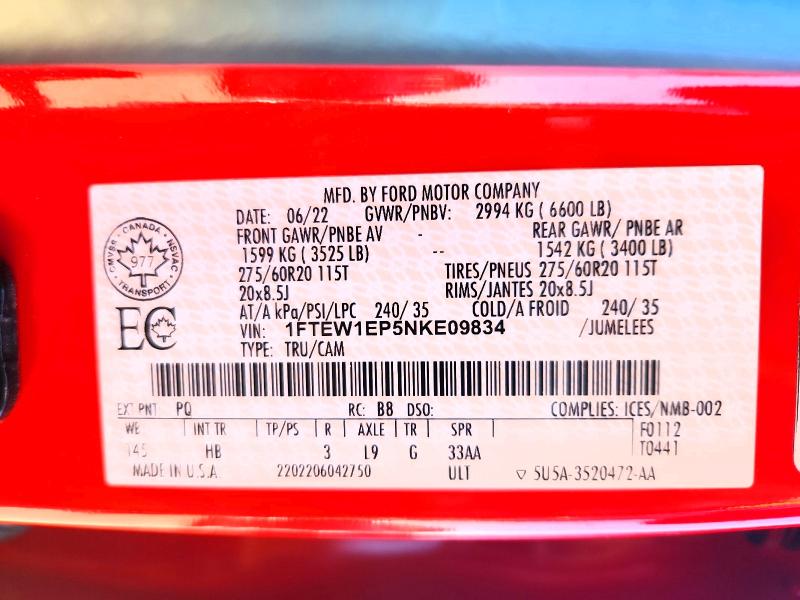 2022 Ford F150 მანქანა იყიდება აუქციონზე, vin: 1FTEW1EP5NKE09834, აუქციონის ნომერი: 57835816