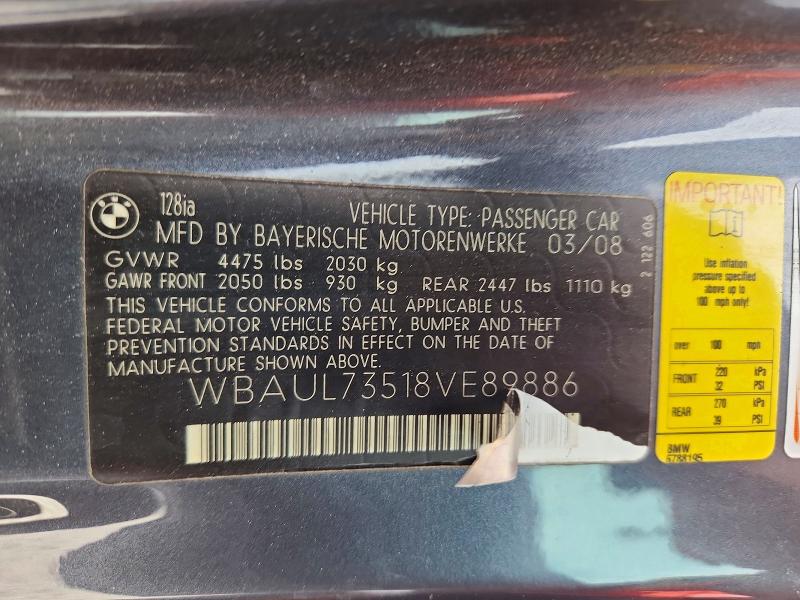 Aukcja sprzedaży 2008 Bmw 128, vin: WBAUL73518VE89886, numer aukcji: 58127946