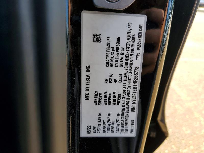 2022 Tesla Model 3 მანქანა იყიდება აუქციონზე, vin: 5YJ3E1EB1NF255778, აუქციონის ნომერი: 56651666