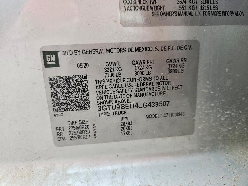 2020 Gmc Sierra მანქანა იყიდება აუქციონზე, vin: 3GTU9BED4LG439507, აუქციონის ნომერი: 56943826