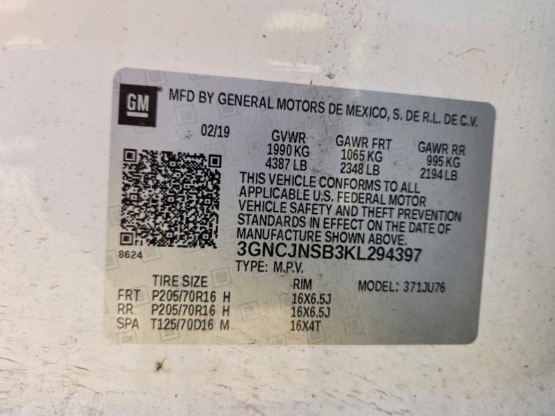2019 Chevrolet Trax მანქანა იყიდება აუქციონზე, vin: 3GNCJNSB3KL294397, აუქციონის ნომერი: 55927196
