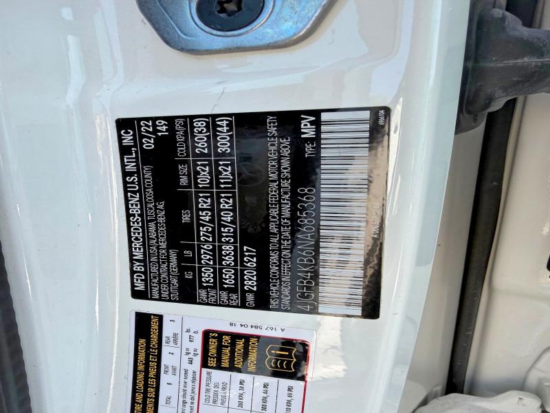 58762586 :رقم المزاد ، 4JGFB4KB6NA685368 vin ، 2022 Mercedes-benz Gle مزاد بيع