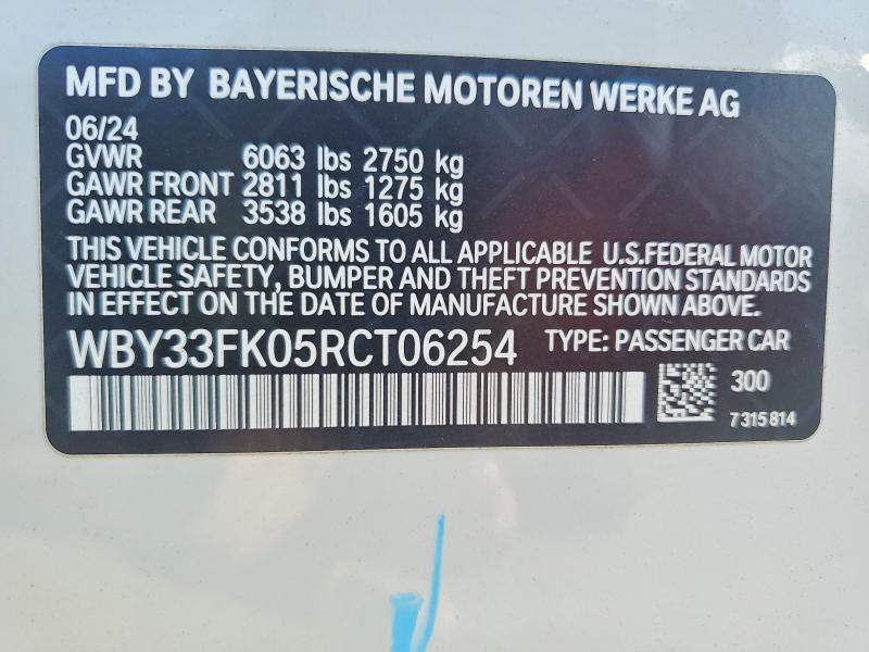57776796 :رقم المزاد ، WBY33FK05RCT06254 vin ، 2024 Bmw I5 مزاد بيع