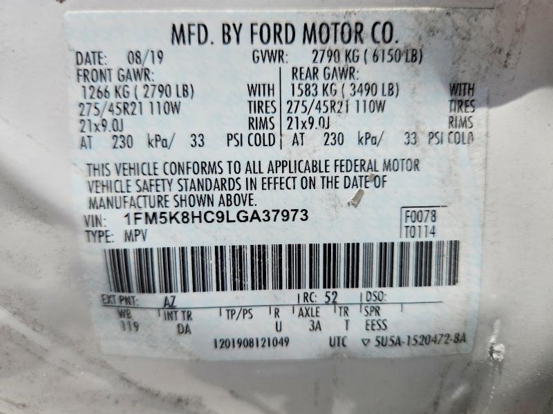 2020 Ford Explorer მანქანა იყიდება აუქციონზე, vin: 1FM5K8HC9LGA37973, აუქციონის ნომერი: 57502756