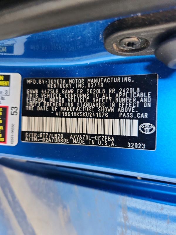 2019 Toyota Camry მანქანა იყიდება აუქციონზე, vin: 4T1B61HK5KU241076, აუქციონის ნომერი: 55952886