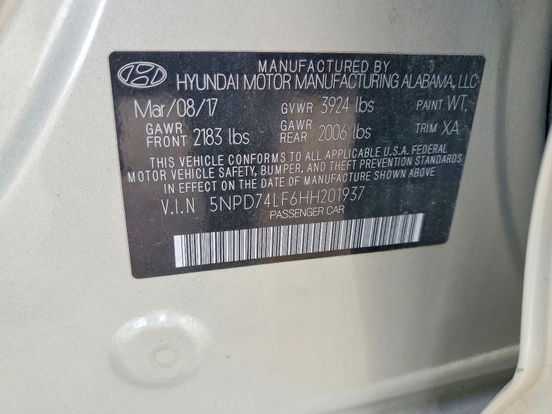 2017 Hyundai Elantra მანქანა იყიდება აუქციონზე, vin: 5NPD74LF6HH201937, აუქციონის ნომერი: 57996356