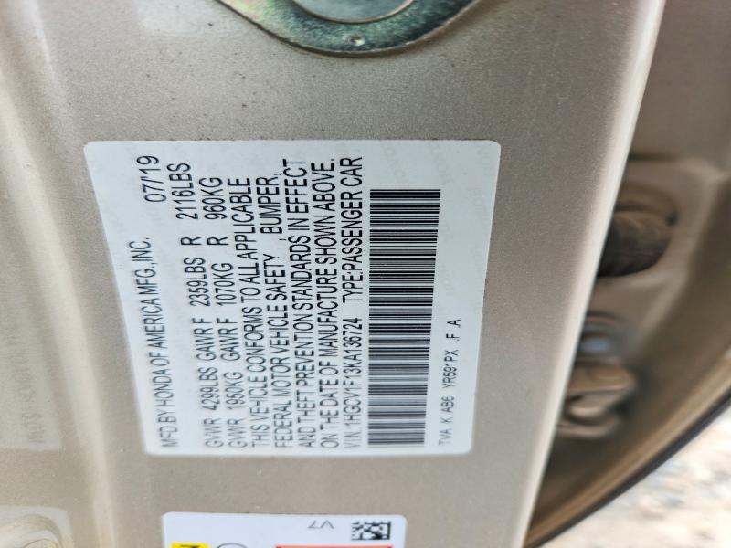 Продажа на аукционе авто 2019 Honda Accord, vin: 1HGCV1F13KA136724, номер лота: 55080206