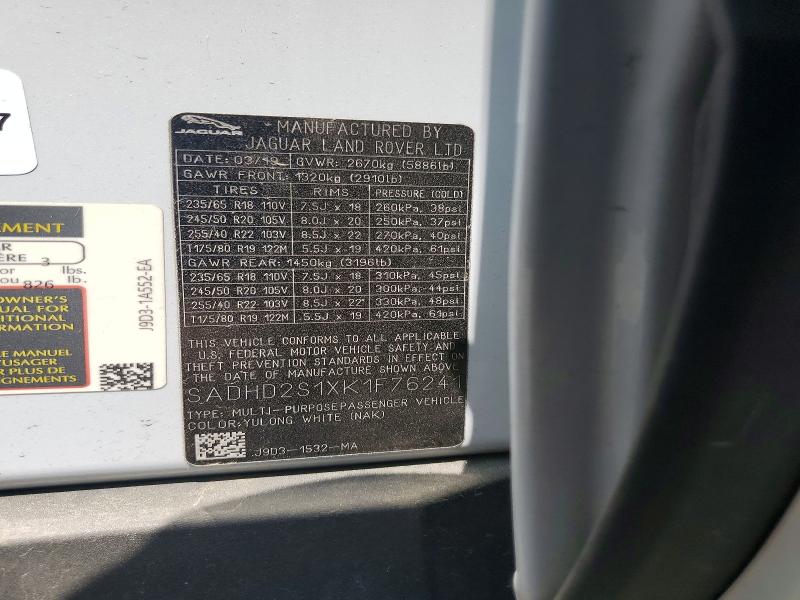 Aukcja sprzedaży 2019 Jaguar I-pace, vin: SADHD2S1XK1F76241, numer aukcji: 58290386