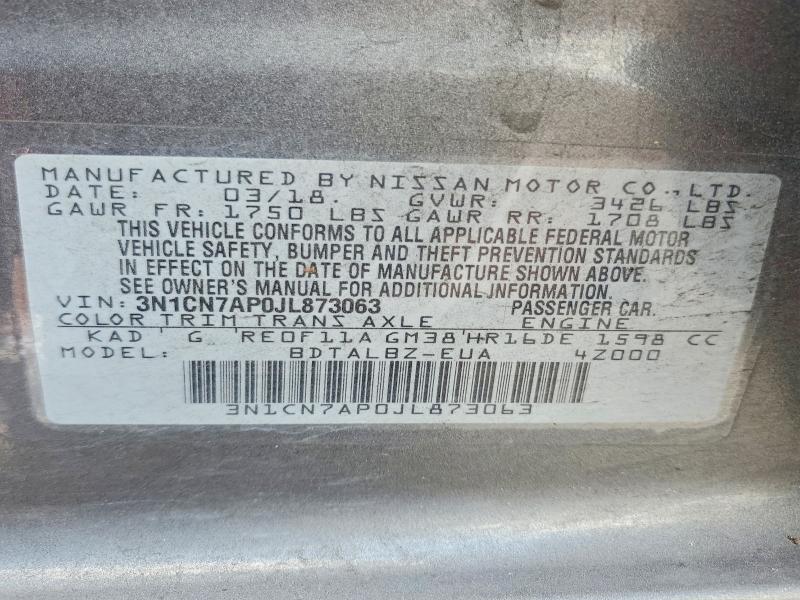 56250056 :رقم المزاد ، 3N1CN7AP0JL873063 vin ، 2018 Nissan Versa مزاد بيع