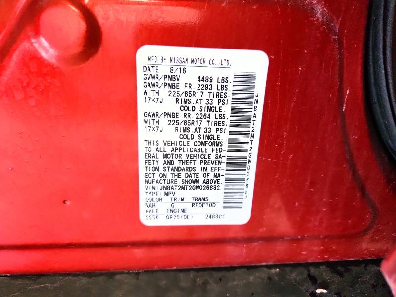 2016 Nissan Rogue მანქანა იყიდება აუქციონზე, vin: JN8AT2MT2GW026882, აუქციონის ნომერი: 58585906