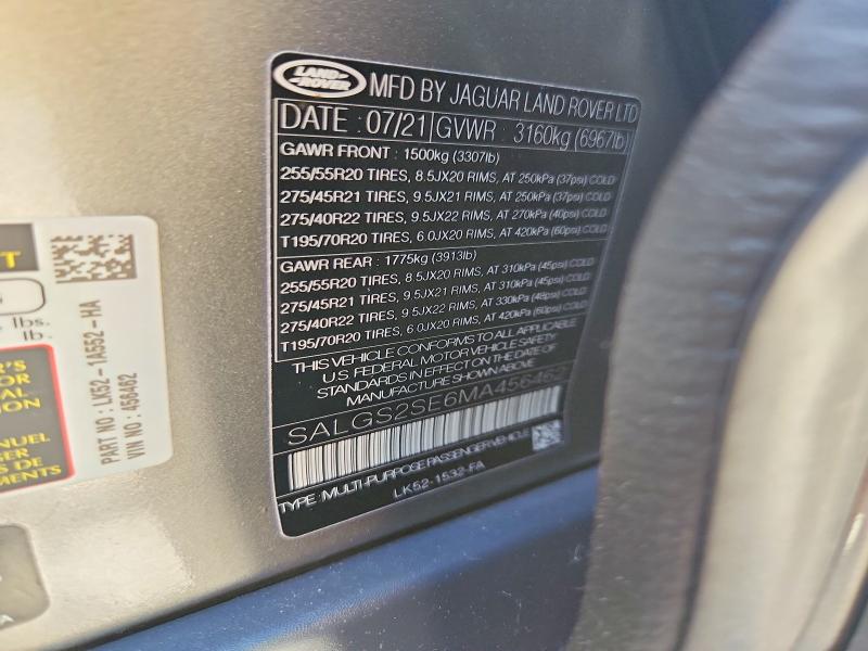 56704386 :رقم المزاد ، SALGS2SE6MA456462 vin ، 2021 Land Rover Range Rover مزاد بيع