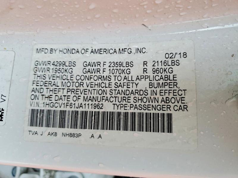 2018 Honda Accord მანქანა იყიდება აუქციონზე, vin: 1HGCV1F61JA111962, აუქციონის ნომერი: 56360366