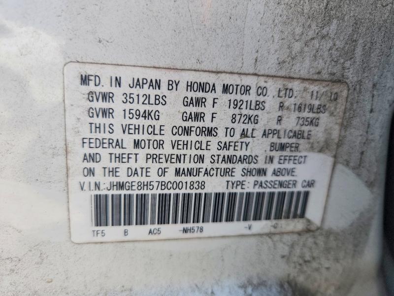 2011 Honda Fit მანქანა იყიდება აუქციონზე, vin: JHMGE8H57BC001838, აუქციონის ნომერი: 58977326
