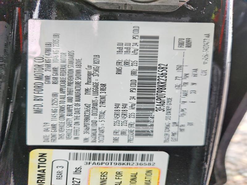 56674116 :رقم المزاد ، 3FA6P0T98KR236582 vin ، 2019 Ford Fusion مزاد بيع
