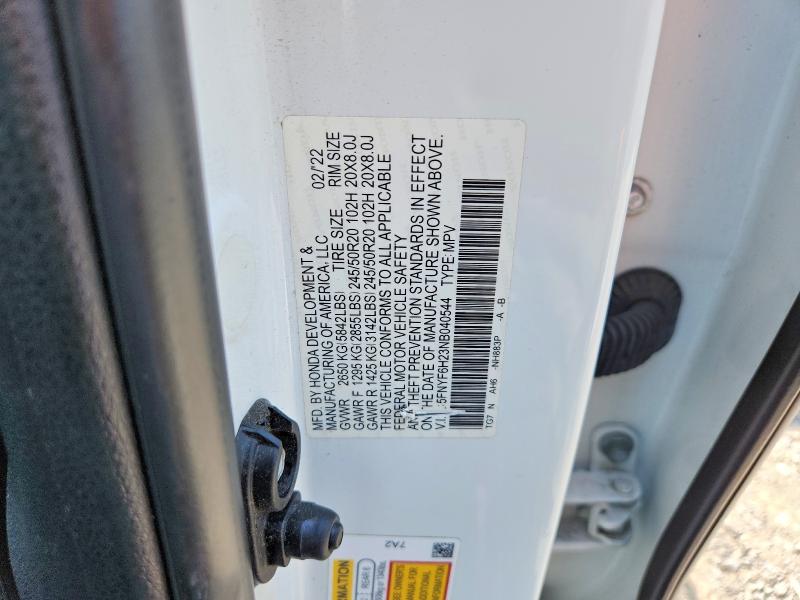 Продаж на аукціоні авто 2022 Honda Pilot, vin: 5FNYF6H23NB040544, номер лоту: 58817176
