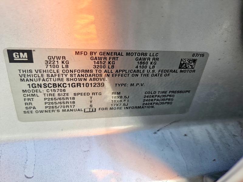 Продаж на аукціоні авто 2016 Chevrolet Tahoe, vin: 1GNSCBKC1GR101239, номер лоту: 58431436
