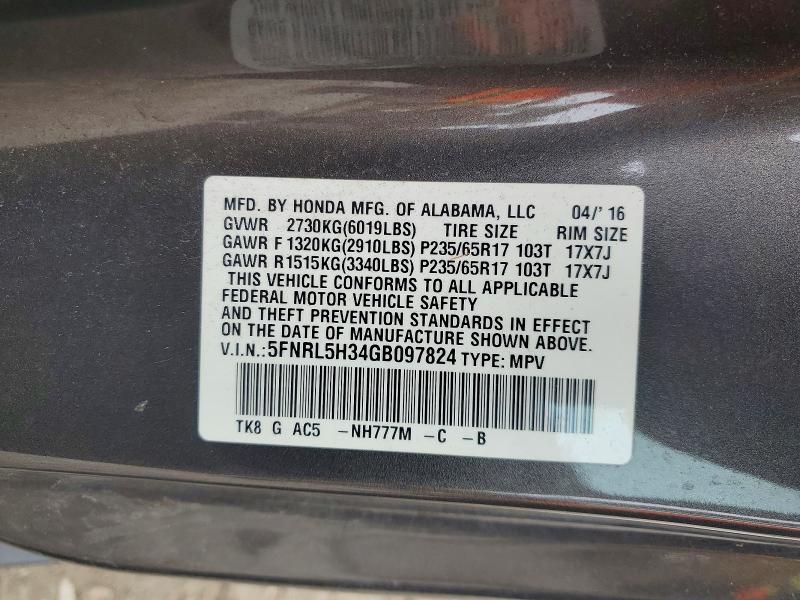 58191706 :رقم المزاد ، 5FNRL5H34GB097824 vin ، 2016 Honda Odyssey مزاد بيع
