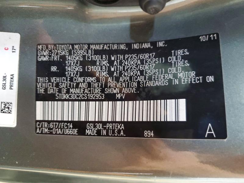59222286 :رقم المزاد ، 5TDKK3DC2CS192953 vin ، 2012 Toyota Sienna مزاد بيع